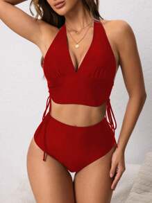 Swim Lushoire Versatile Adjustable Drawstring Bikini Set With High-Waisted Bottoms For Women For Summer Beach Vacation - Red - View 3