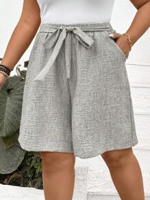 SHEIN LUNE Plus Size Women's Solid Color Waist Tie Pocket Casual Shorts Spring For Women Summer Summer Easter Women Western Wear Women Summer For Women Vacation Summer Women Shorts - Grey - View 4