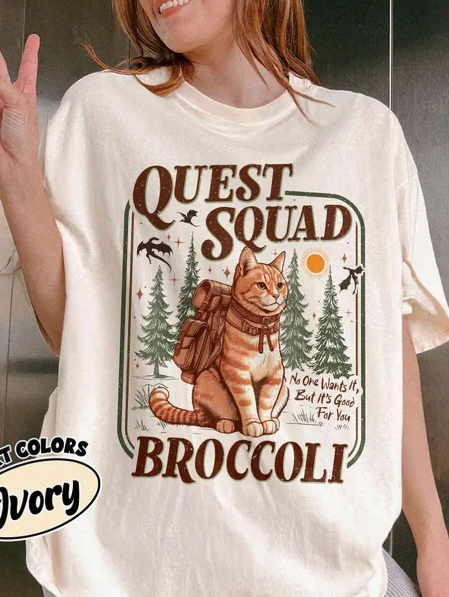 INAWLY Onyx Storm Quest Broccoli Comfortable Color Shirt, Fourth Wing Shirt, Broccoli Cat T-Shirt, Ridoc Romantasy Fan Shirt, Dragon Rider Round Neck Loose Fit Women's Graphic Print T-Shirt - Apricot - View 1
