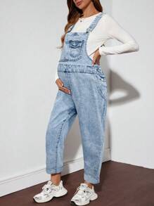 SHEIN Maternity Casual Wide Leg Denim Bib Overall Jumpsuit, Blue
