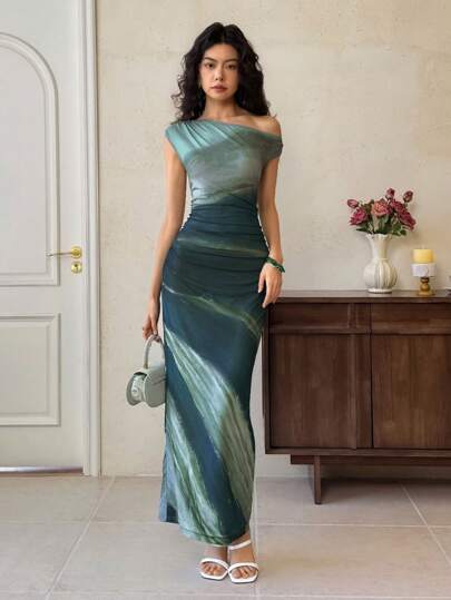 EastFlair 女士扎染印花不对称领优雅长裙