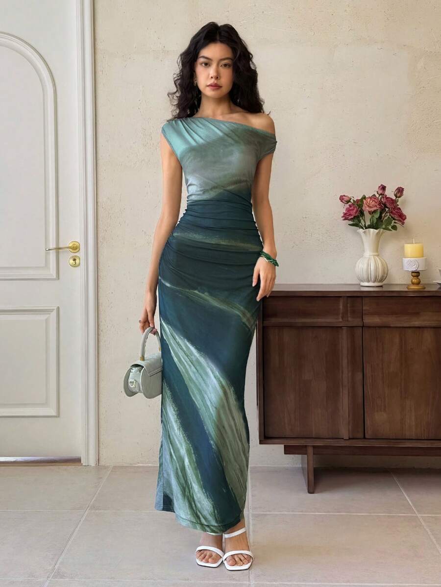 EastFlair Women's Tie-Dye Print Asymmetrical Collar Elegant Long Dress Chinese Style Patterns/Summer\Vacation\Wedding Guest Dresst\Party - Green - View 1