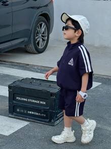 SHEIN Leap Crew 2pcs Kids Boys Casual Korean Style Loose Half-Zip Hoodie & Shorts Set,Summer Short Sleeve Outing Outfit For School,Garden,Beach,Birthday,Spring,Fall - Navy Blue - View 5