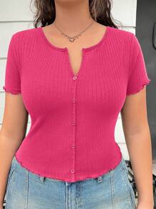 SHEIN EZwear 大码女式 V 领纯色短袖 T 恤 - 玫紅色 - 查看 3