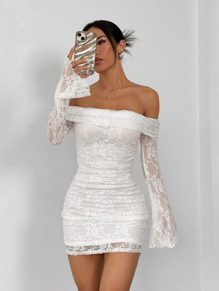 SHEIN EZwear Women's Elegant White Lace Mini Dress - White - View 1