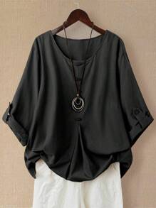 EMERY ROSE Women's Linen Asymmetric Hem Long Sleeve Shirt, Spring/Summer