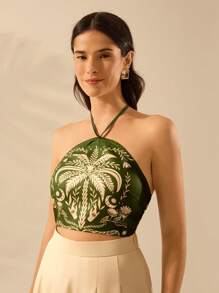 CAJUNI Women's Boho Coconut Tree & Crescent Moon Print Casual Holiday Summer Beach Halter Neck Ultra Cropped Top - Green - View 1
