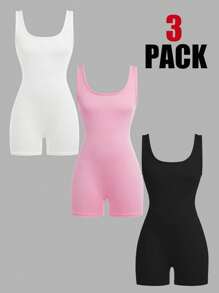 SHEIN Tween 女童修身休闲简约舒适无袖连体裤，3 色混合套装 - 彩色 - 查看 1