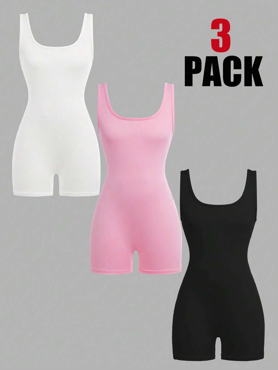 SHEIN Tween 女童修身休闲简约舒适无袖连体裤，3 色混合套装 - 彩色 - 查看 1