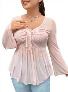 Plus Size Mesh Casual Top, Suitable For Summer Fall Cloth For Women - Baby Pink - View 3