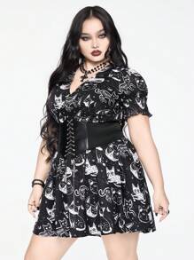 ROMWE Plus Size Gothic Cat Print Puff Sleeve V-Neck Cinched Waist Dress - Black - View 4