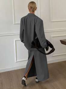 DAZY 女士西装外套和及膝裙套装，长袖，休闲百搭，适合所有季节商务休闲，女士两件套，秋装 - 灰色 - 查看 6