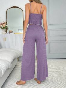 SHEIN Women Contrast Color Bow Strap Camisole & Pants Pajama Set - Purple - View 2