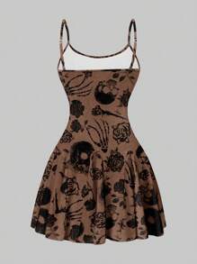 SHEIN SXY Casual Skull & Rose Pattern A-Line Mini Dress For Women, Summer,Rave Outfits Festival Suitable For Going Out Chic Dress