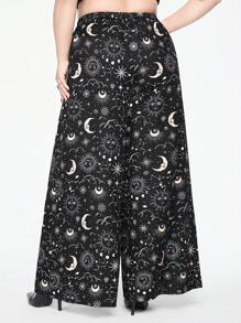 ROMWE Goth Plus Size Loose Mystic Star & Moon Printed Wide Leg Pants - Black - View 3