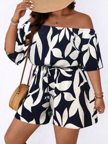 SHEIN LUNE 大码女式休闲印花露肩连体裤