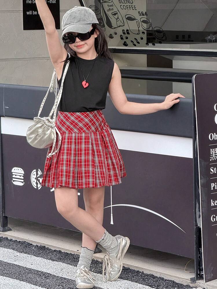 2pcs/Set Tween Girl Round Neck Knitted Sleeveless T-Shirt + Plaid Skirt, Summer Tween Girl Outfits