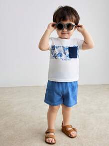 2pcs/Set Baby Boys Leaf Print Letter Pocket Round Neck Short Sleeve T-Shirt + Elastic Waist Blue Loose Sports Shorts Casual Outfit, Fashion Versatile Summer Sportswear