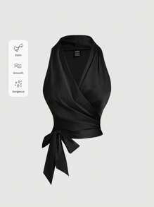 SHEIN MOD 女士复古杏色无袖结背心 - 黑色 - 查看 4