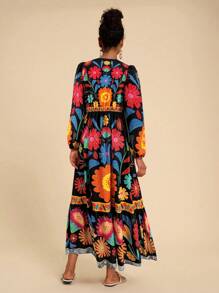 Travachic Vacation Floral Print Tie Up Long Sleeve Dress,Fall Clothes,Elegant Women Dresses,Fall Women Dresses,Mexican Women Dresses