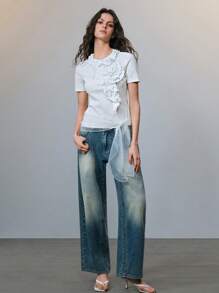 SHEIN LUNE 春夏新款时尚白色针织修身圆领三层荷叶边女式手工花朵上衣