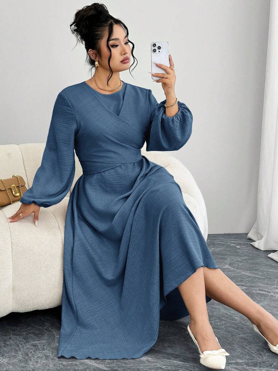Modelyn 大码女式优雅纯色圆领灯笼袖连衣裙 - 藍色 - 查看 1