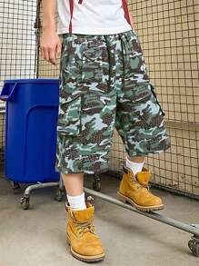PAVTROS Manfinity Streetrush Men's Drawstring Waist Side Pocket Camo Print Loose Cargo Capri Pants