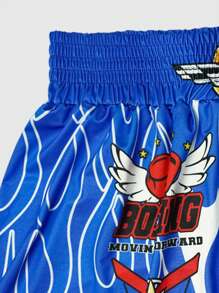 ROMWE MEN Prep Shorts de Boxe Casuais Soltos com Cintura Elástica e Estampa de Slogan Masculino - Azul - Visão 3