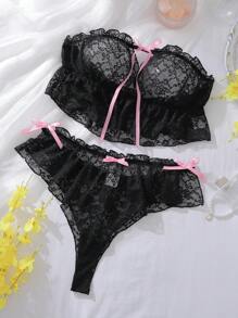 PetitDoll 2 piezas Ropa interior transparente de talla grande con encaje floral, volantes, abertura y moño, de estilo romántico, dulce y sexy, en colores negro y rosa, ideal para vacaciones