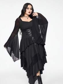ROMWE Gothic Sheer Romantic Flared Sleeve Drawstring Design Slim Fit Plus Size T-Shirt - Black - View 5