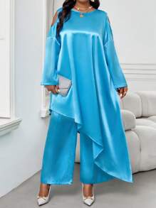 Fleurora 大码女式优雅秋冬优雅蓝色不对称蝙蝠袖大码套装大码长袍两件套秋季服装 - 藍色 - 查看 3