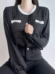 DAZY Blusa de manga farol con bloques de color y cuadros de malla para mujer