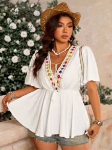 Breezaya Colorful Floral Patchwork Waist-Tie V-Neck Tassel Bohemian Casual Blouse, Loose Flared Hem, Shoulder-Off Short Sleeve, Chic & Versatile, Plus Size, Suitable For Music Festival, Valentine's Day, Thanksgiving, Leisure Gathering, Beach Vacation, Picnic