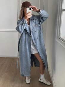 Livesso Women's Fashion Washed Double-Breasted Denim Jacket,Fall Clothes,Back To School Clothes