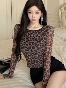 Modelyn Women's Leopard Print Mesh Strappy Back Long Sleeve Sexy T-Shirt - Coffee Brown - View 4