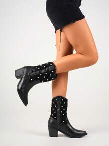 Styleloop Bottes mi-mollet à talon épais avec décoration de perles de couleur noire unie de haute qualité à bout pointu pour femmes