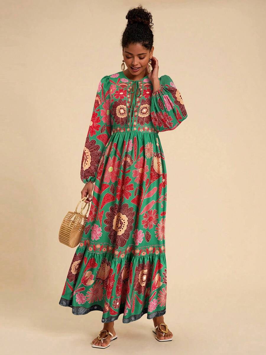 Travachic 度假花卉印花系带长袖连衣裙、秋装、优雅女装、秋季女装、墨西哥女装