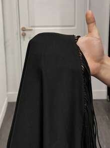 Slaydiva Plus Size Loose Solid Black Long Tasseled T-Shirt Dress, Casual For Spring/Summer Vacation - Black - View 8