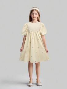 Maija Kids Maija Kids Tween 女童针织刺绣纹理面料泡泡短袖 A 字休闲度假连衣裙 - 米色 - 查看 4