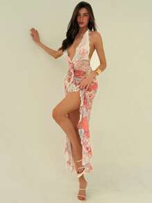 Aloruh New Romantic Ditsy Floral Mesh Printed Vintage Paisley Pattern Sexy Deep V Halter Backless Semi-Sheer Beach Bikini Cover-Up Boho Dress