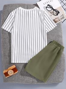 SHEIN 2 件套青少年男孩休闲运动条纹圆领 T 恤和短裤，适合通勤、上学、日常休闲装、运动、春夏 - 軍綠色 - 查看 2