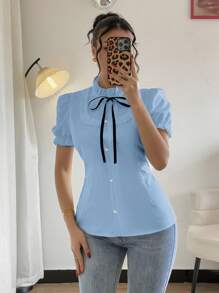 Rafferiza Ruffled Elastic Cuff Bowknot Blouse - Baby Blue - View 3