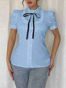 Rafferiza Ruffled Elastic Cuff Bowknot Blouse - Baby Blue - View 5