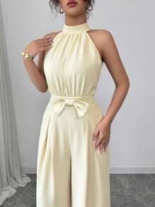 Elenzga Summer Elegant Sleeveless Stereoscopic Bow Casual Jumpsuit Pants For Spring/Summer/Fall/Winter Season, Concert Women's Clothing, Elegant, Evening Gowns, Suitable For Everyday, Commute, Wedding Season - Apricot - View 6