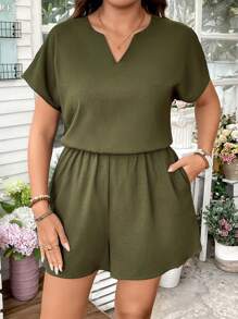 SHEIN LUNE Plus Size Women V-Neck Solid Color Casual Romper Overalls Women Summer Outfits For Women Women Clothing Vacation Romper Summer Outfits For Women - Army Green - View 3