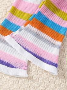 SHEIN 女婴两件套细肩带流苏套装，彩色条纹休闲舒适上衣 + 宽松工装裤，夏季