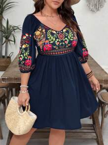 SHEIN VCAY Vestido corto de talla grande con escote corazón, estampado retro floral y animal, cintura definida y falda campana. Vestido casual bohemio para días festivos y San Valentín