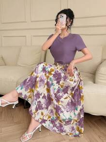 DAZY Bộ 2 món cho nữ: Áo thun cổ tròn tay ngắn màu trơn và chân váy hoa nhí, thích hợp cho kỳ nghỉ lễ Phục sinh. - Màu tím - Xem 8