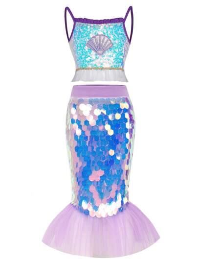 SHEIN Persoplay Kids 2pcs/Set Young Girl Sequin Camisole & Fish Tail Hem Skirt Dress Outfit