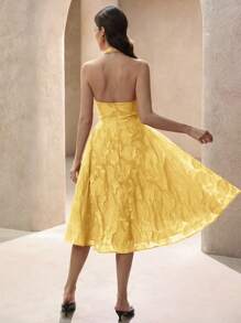 GENKIRA Váy dài thanh lịch và lãng mạn theo phong cách Ý dành cho nữ với cổ chữ V, cổ áo hình trái tim, eo nhún và viền xòe, bằng vải jacquard màu đỏ nồng nàn, thích hợp cho ngày lễ tình nhân - Màu vàng - Xem 4